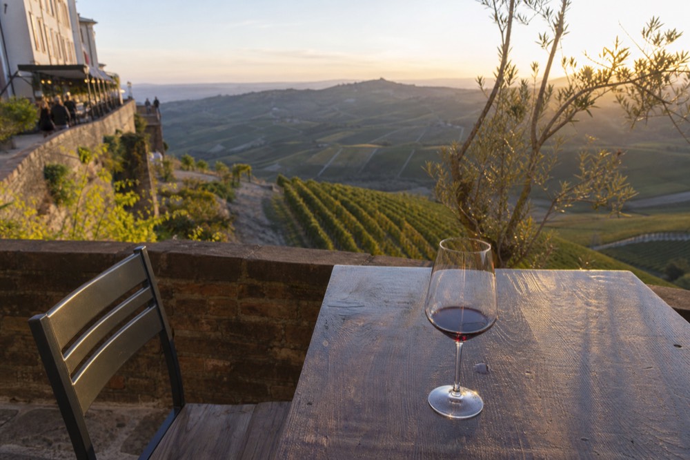 A glass of Nebbiolo wine next to a vineyard in the Langhe.