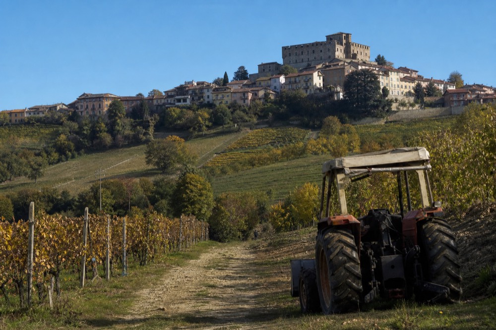 Barolo village perched on a hilltop with vineyards below.