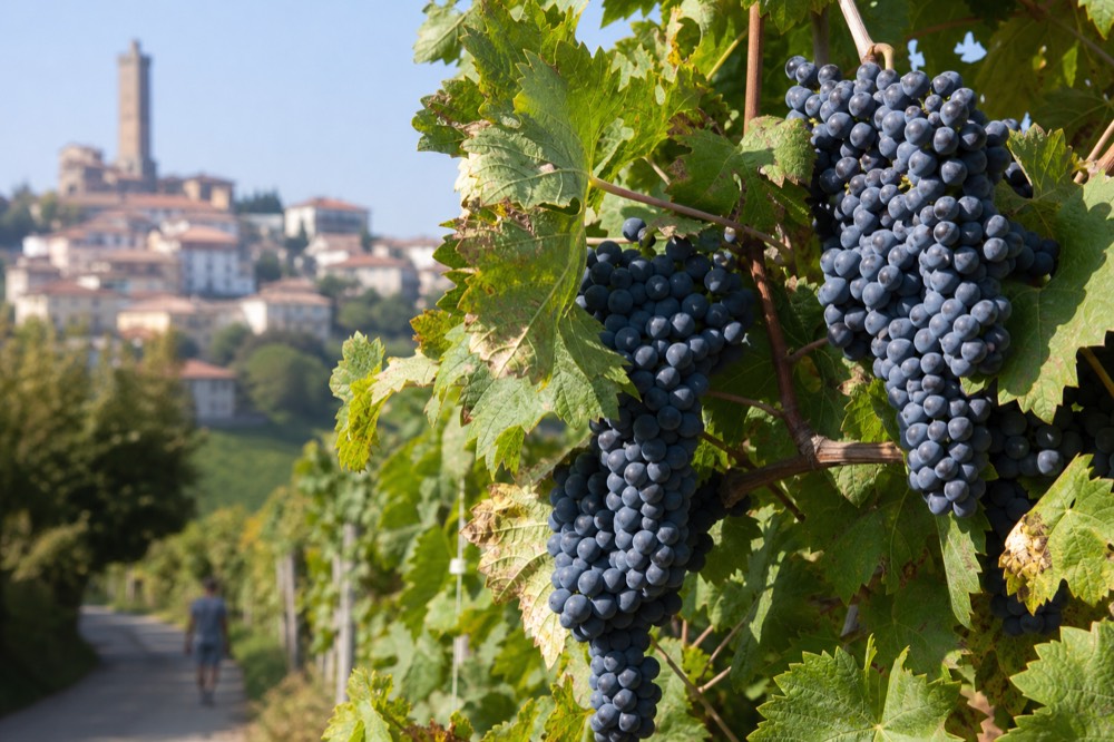 Nebbiolo grapes ripening in bunches on the vine close up.