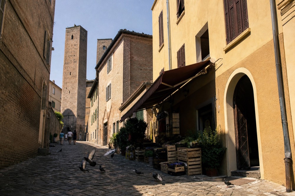 A street of medieval towers in Alba's historic centre.