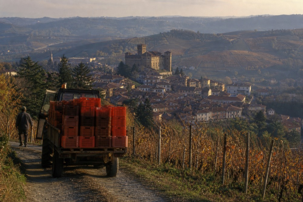 Barolo village rooftops and surrounding vineyard hills seen from a ridge road.