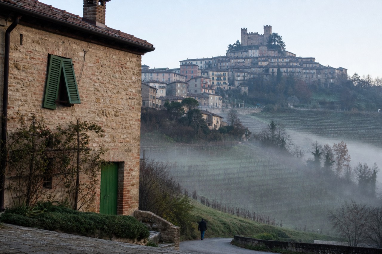 Hilltop wine village rooftops above terraced vineyards in the Langhe.