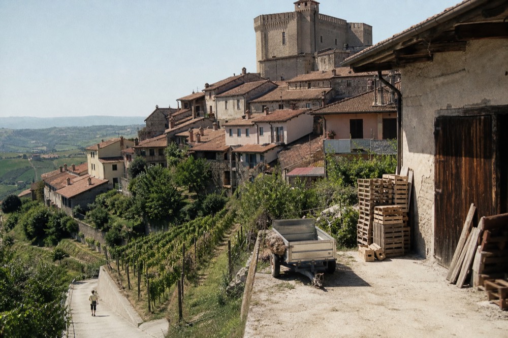 Village rooftops rising above terraced vineyards on a Langhe ridge.