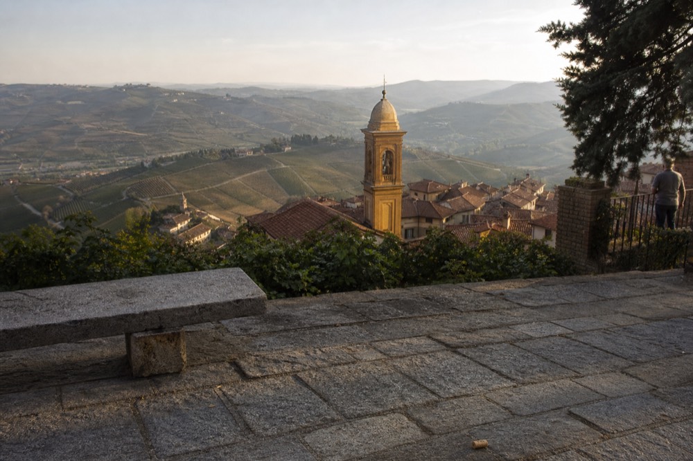Vineyard viewpoint over the Barolo amphitheatre of hills from a high terrace.