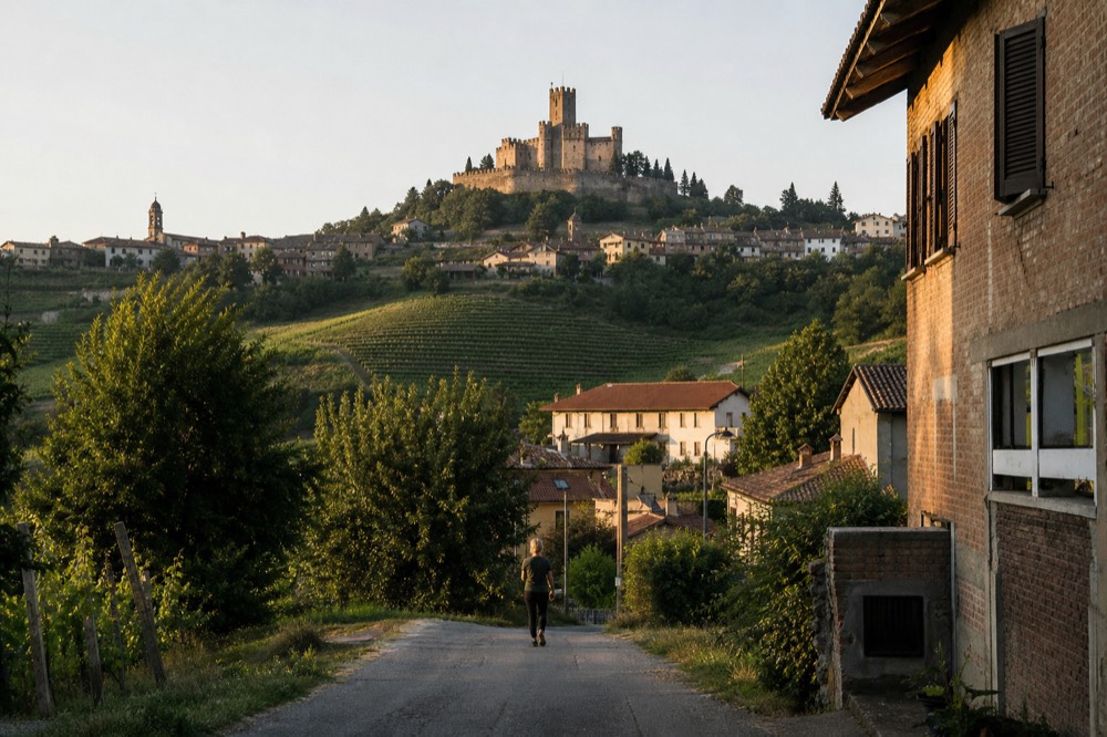 Rural road descending toward the village of Serralunga d'Alba with its castle on the hill.