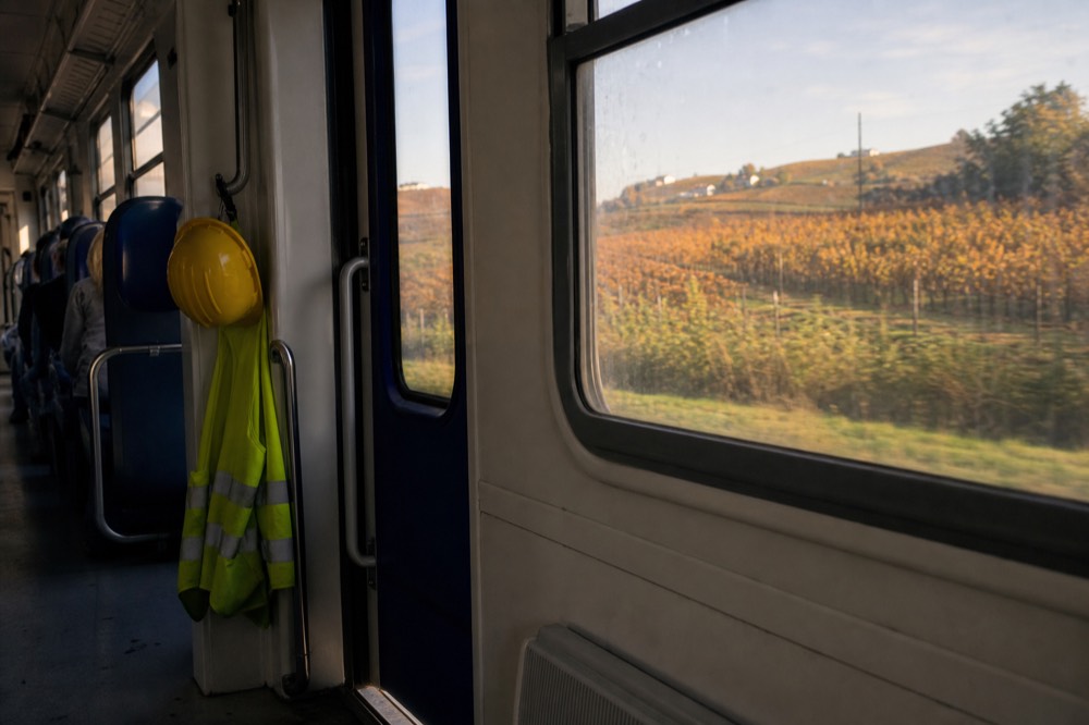 Bicycle parked in a train carriage's dedicated bike area with vineyards passing outside the window.