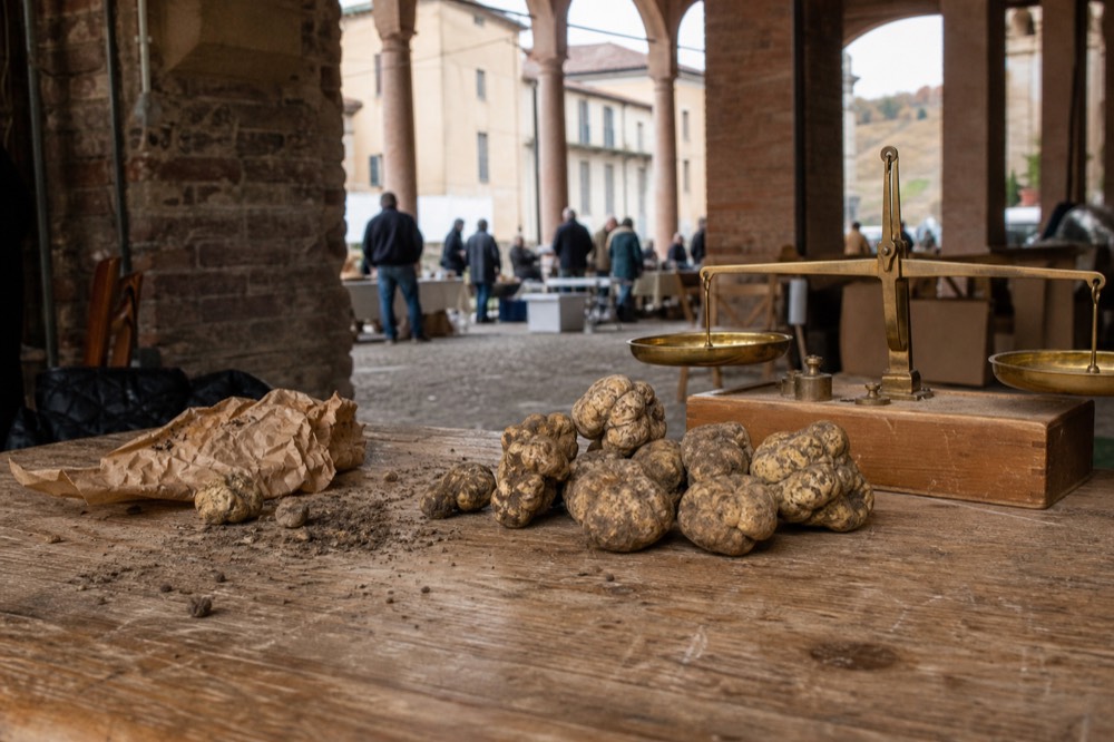 White truffles of different sizes displayed on a wooden market table with a brass scale.